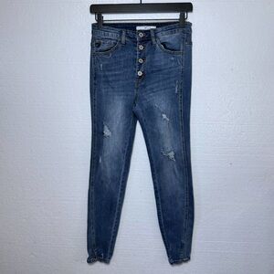 Kancan Size 7 / 27 Dark Wash Distressed Skinny Button Fly Jeans Denim Raw Hem